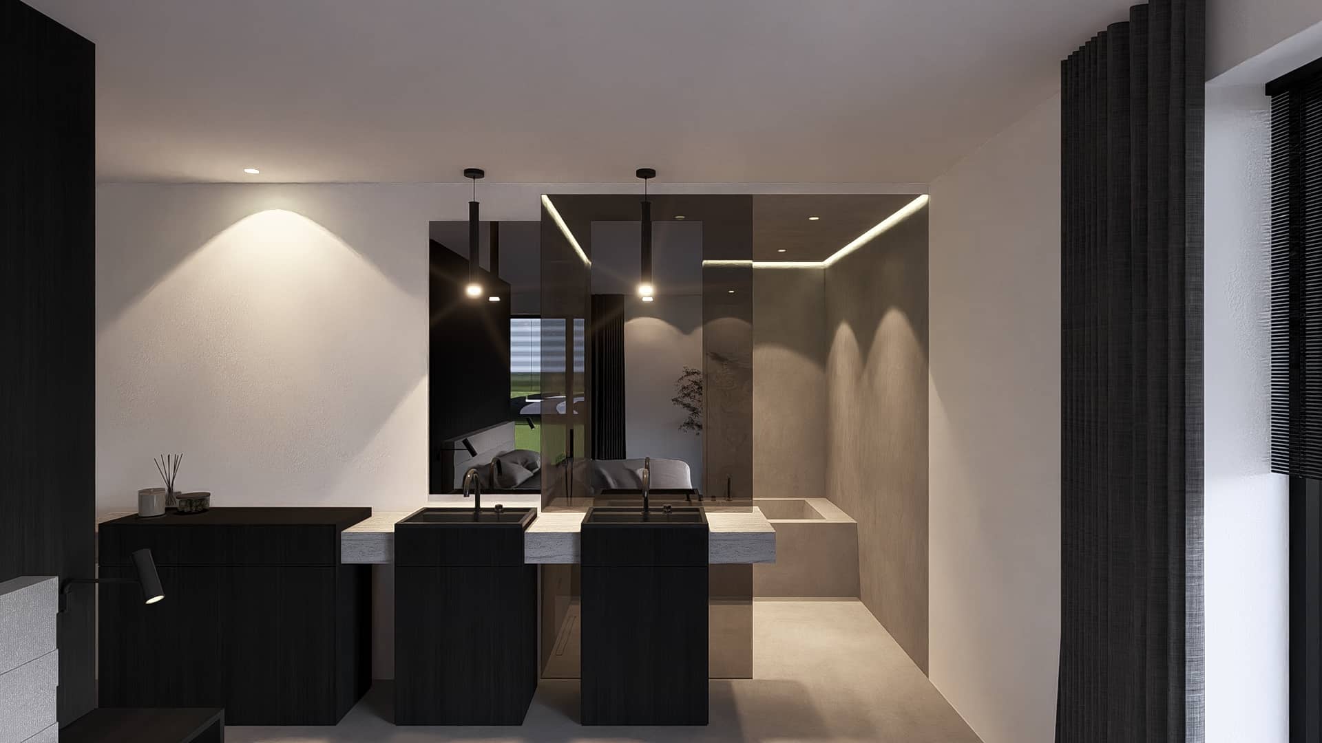 Project Connected Contrasts – badkamer met maatwerk dat een statement maakt, kleurcontrast en smoked glas