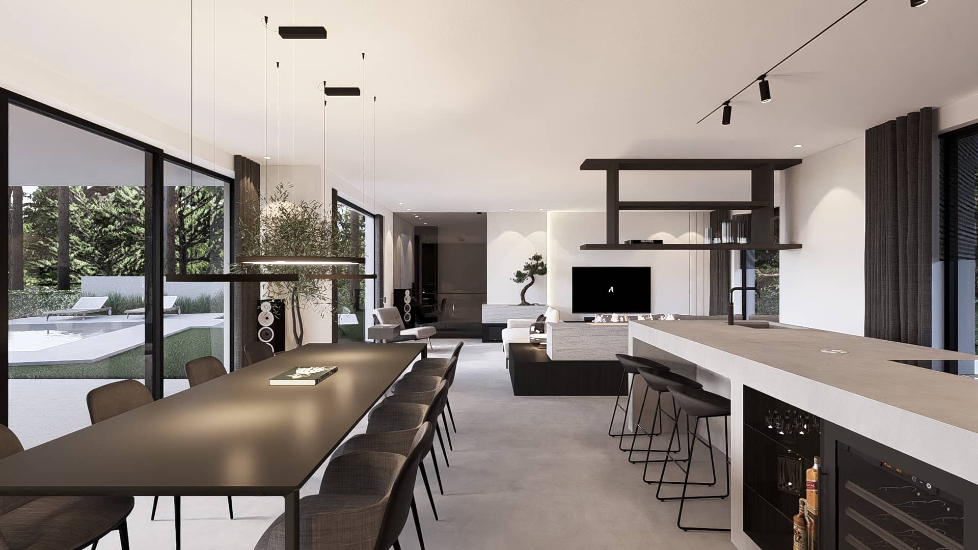 Project Connected Contrasts – de woonkamer trekt je verder de woning in, met lijnen die doorlopen en elkaar ontmoeten in een mooie mix van materialen. Grijs, wit en zwart brengen alles samen en zorgen voor een open, doorlopende sfeer