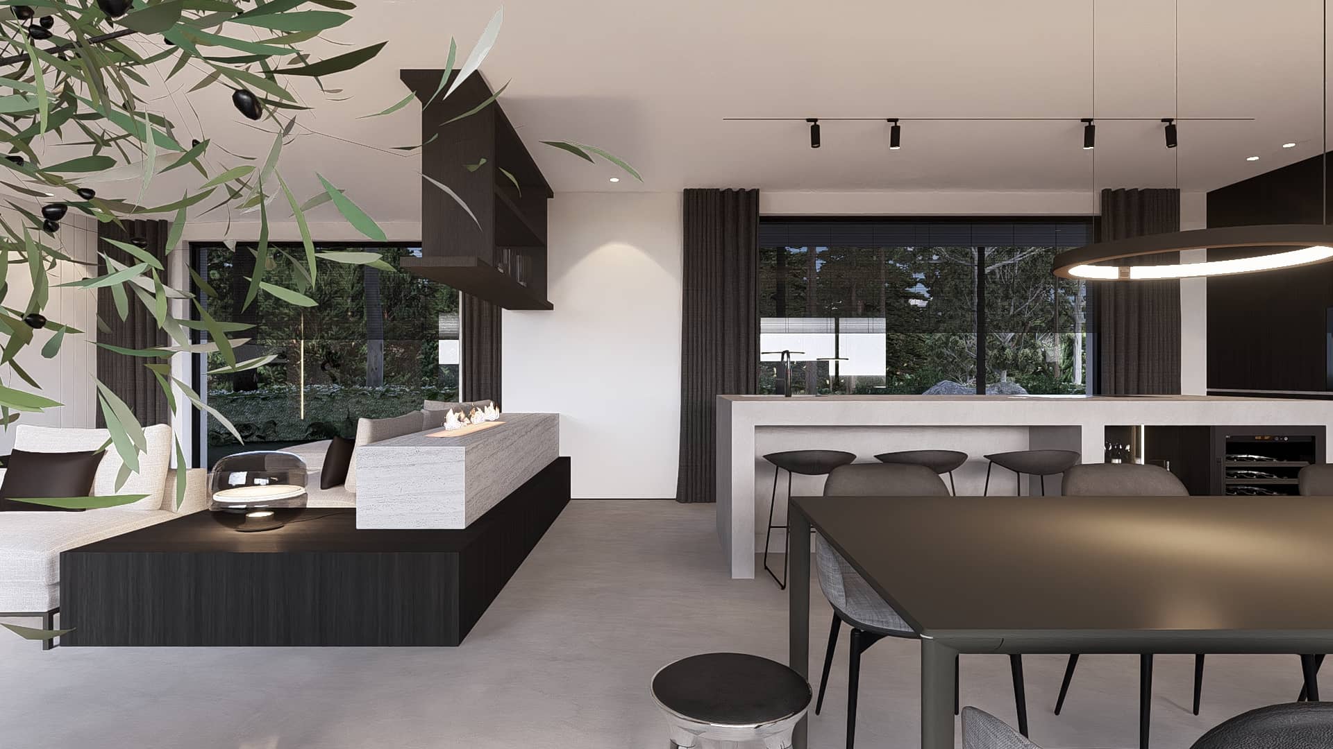 Project Connected Contrasts – woonkamer met maatwerk haardmeubel als eyecatcher, dat warmte toevoegt aan het interieur