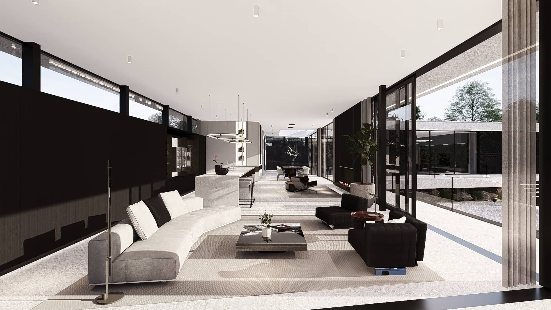 Moderne woning met grote raampartijen, een keuken met een lang keukeneiland en een sfeervolle entertainmentvleugel.