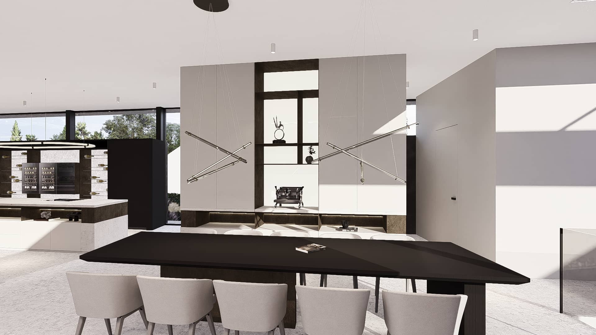 Moderne keukentafel met een strakke kastenwand als functionele achtergrond.
