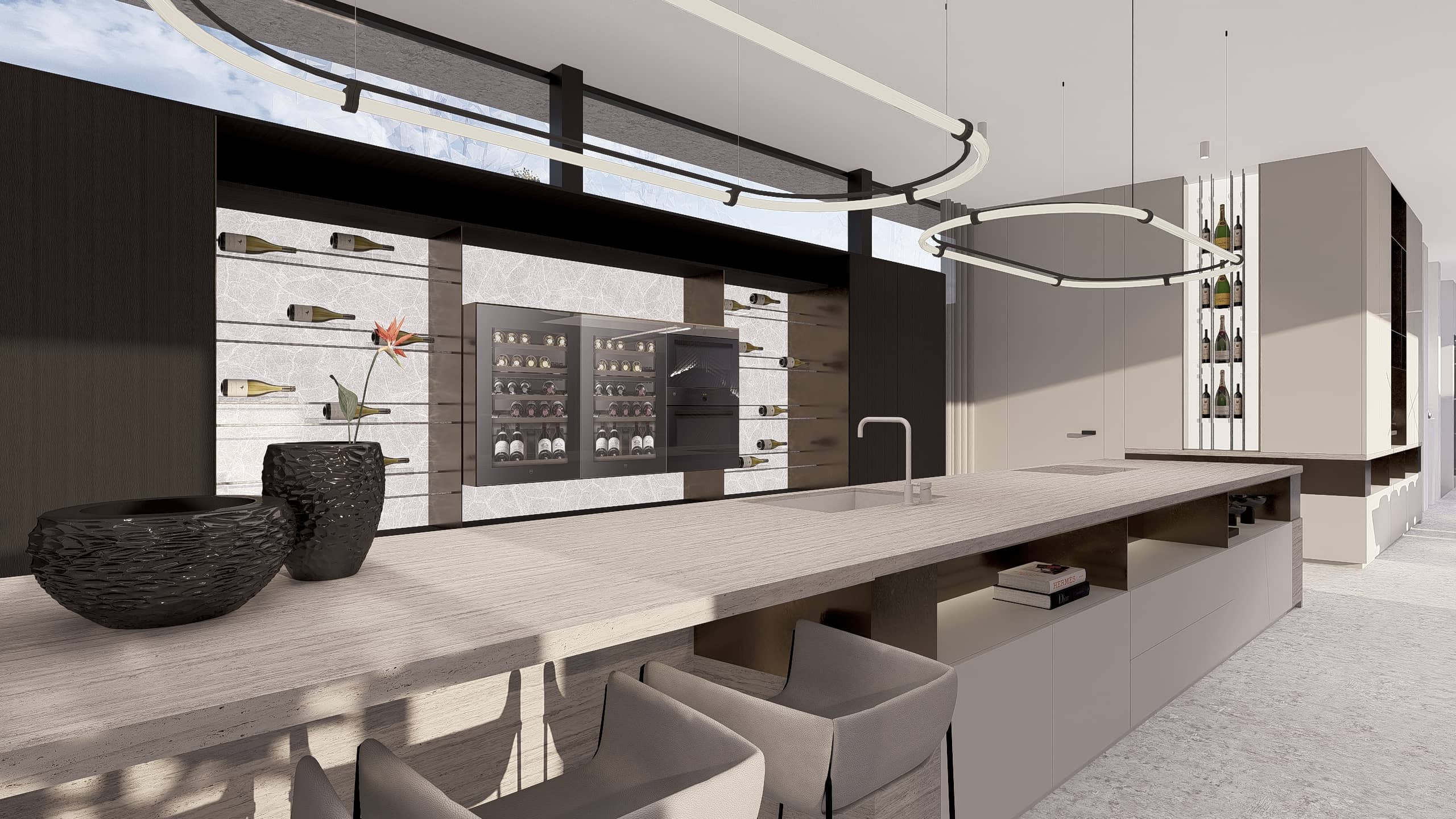 High-end keuken met contrastkleuren en materialen, die luxe en verfijning uitstralen