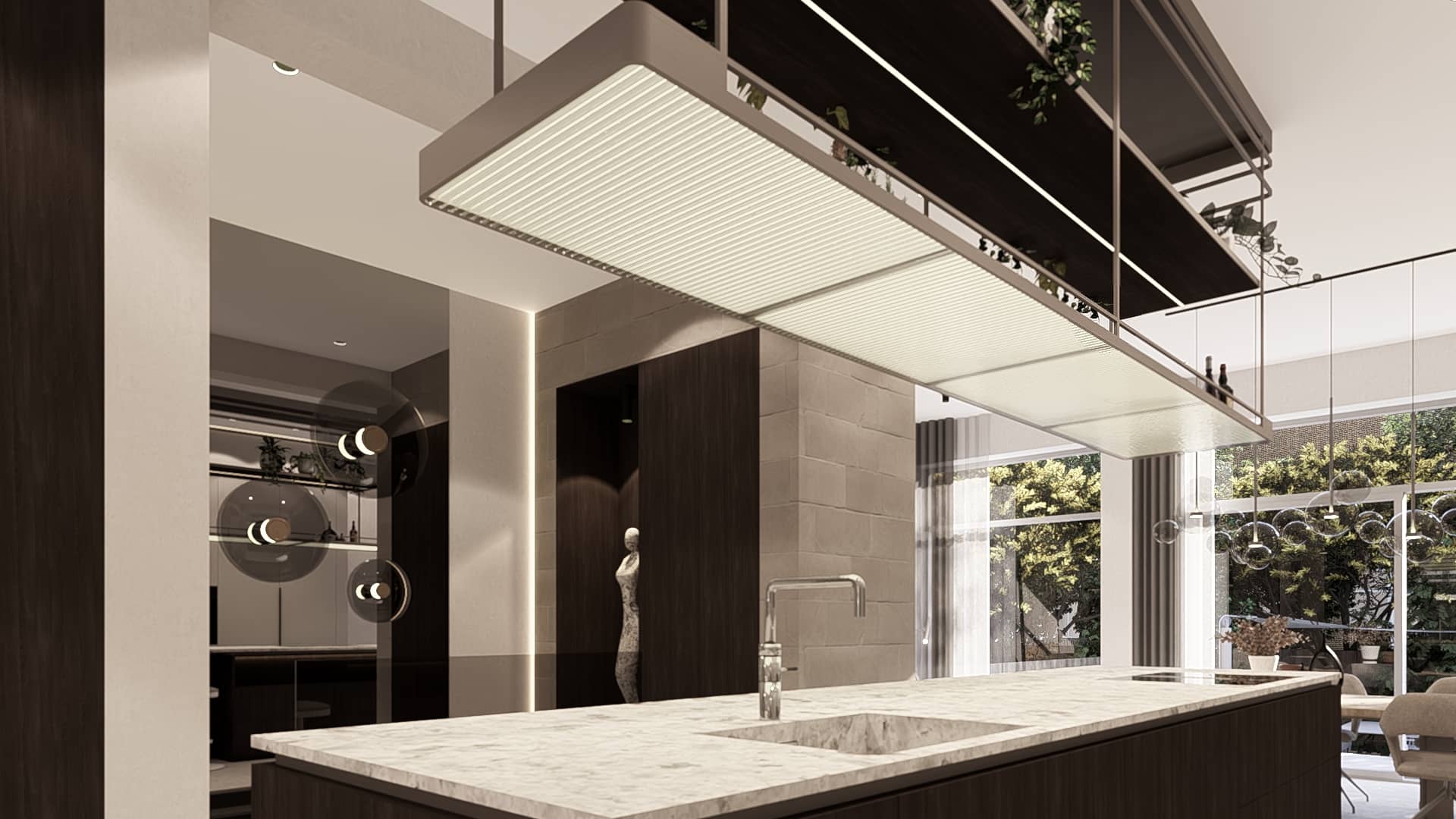 Project Rotterdam – keuken met een custom hangend element van ribbelglas en LED-verlichting als eyecatcher