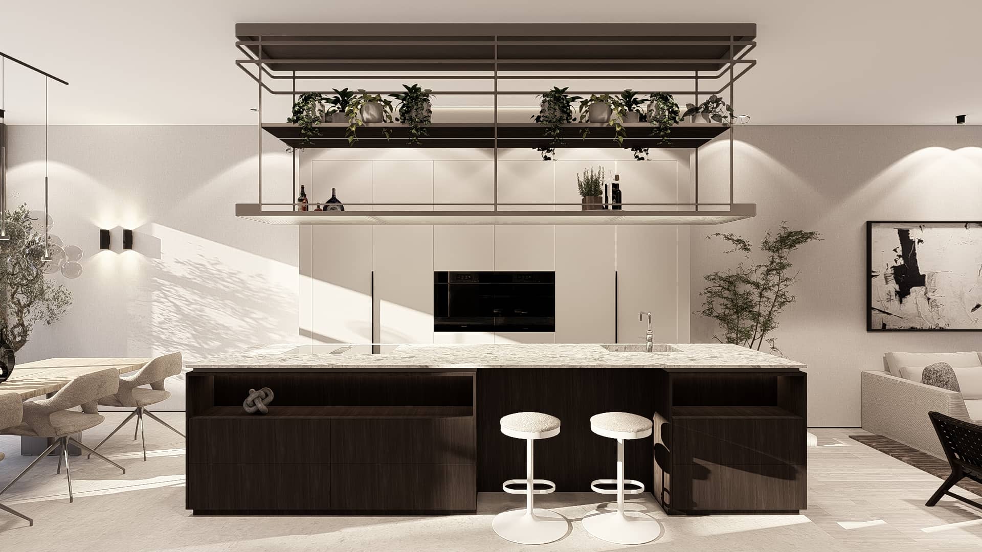 Project Rotterdam – keuken met een custom hangend element van ribbelglas en LED-verlichting als eyecatcher