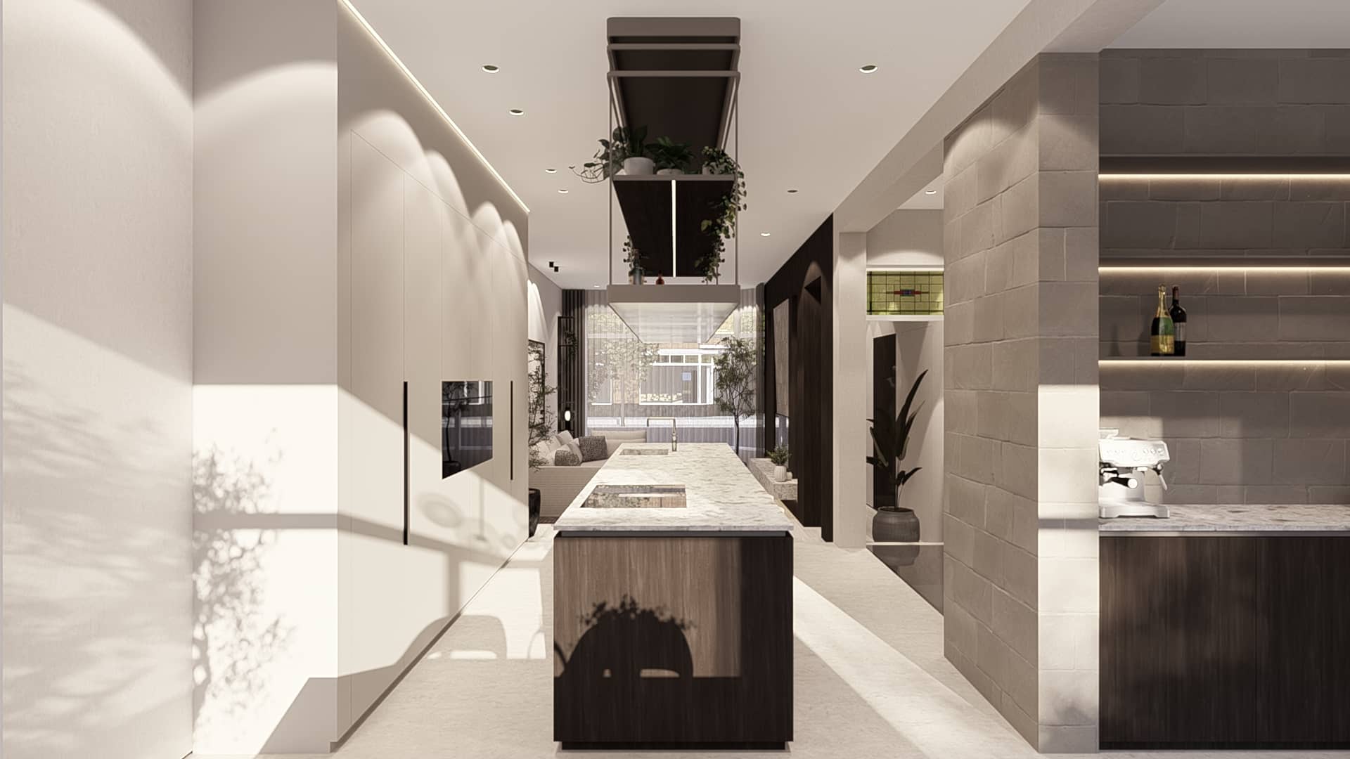 Project Rotterdam – keuken met een custom hangend element van ribbelglas en LED-verlichting als eyecatcher