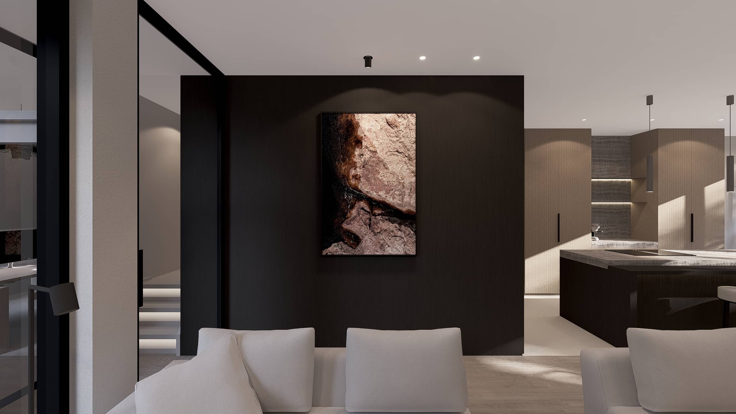 Zwarte box in het midden van de woning met kunst aan de muur als eyecatcher, die het centrale punt van de ruimte vormt.