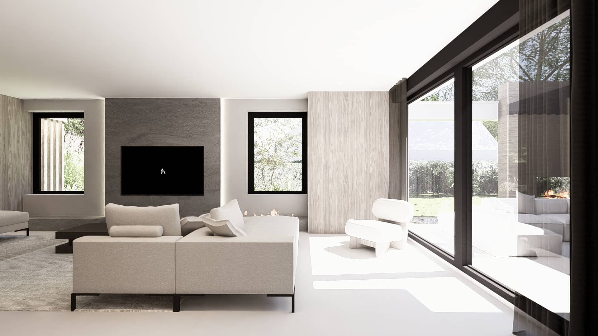 Sharpe Edge Interior – woonkamer met strak, minimalistisch ontwerp, grote hoeveelheden natuurlijk licht en een gevoel van ruimtelijkheid