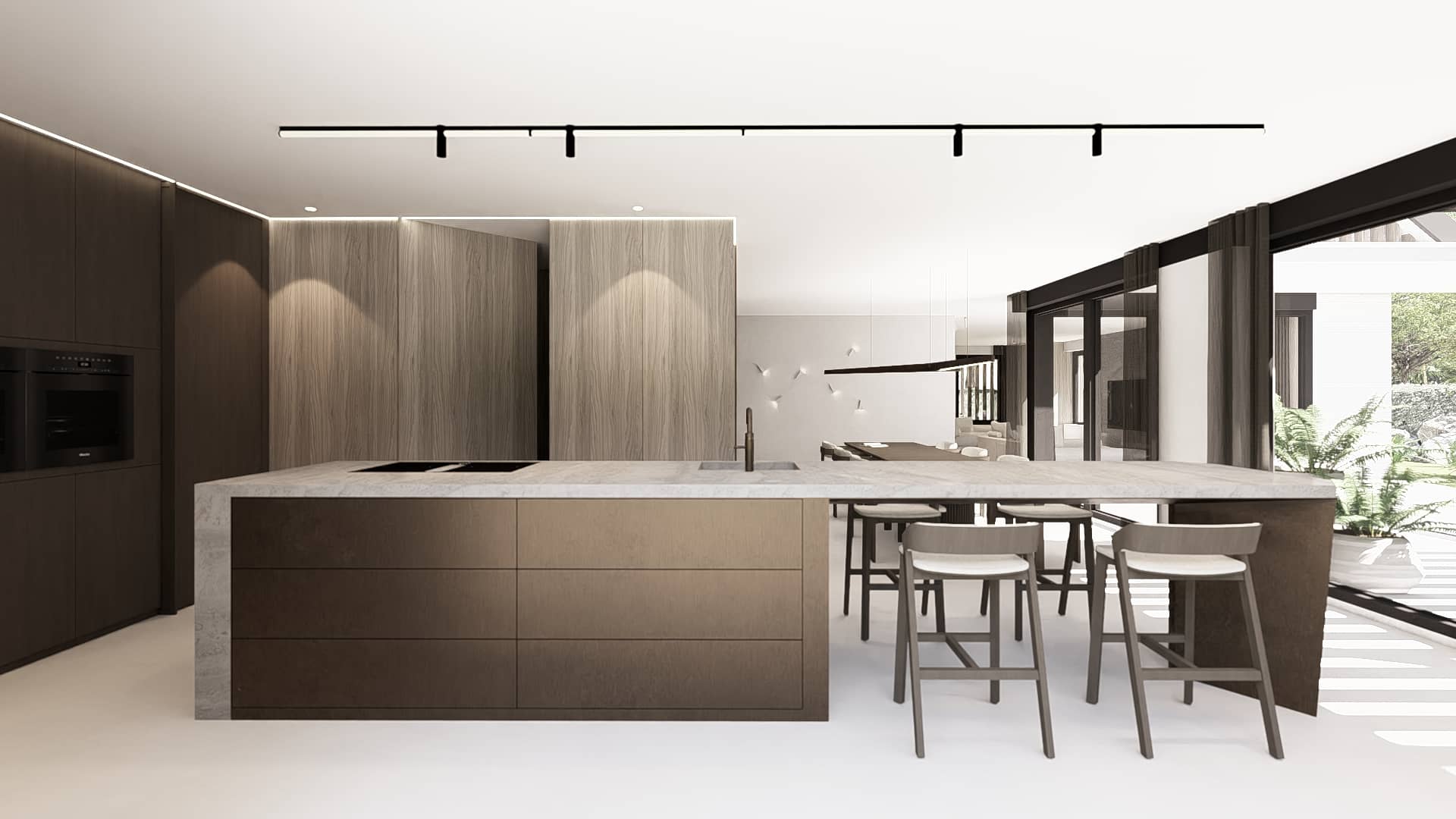 Sharpe Edge Interior – opvallend keukeneiland in de keuken, gedurfde vorm die het hart van de ruimte vormt
