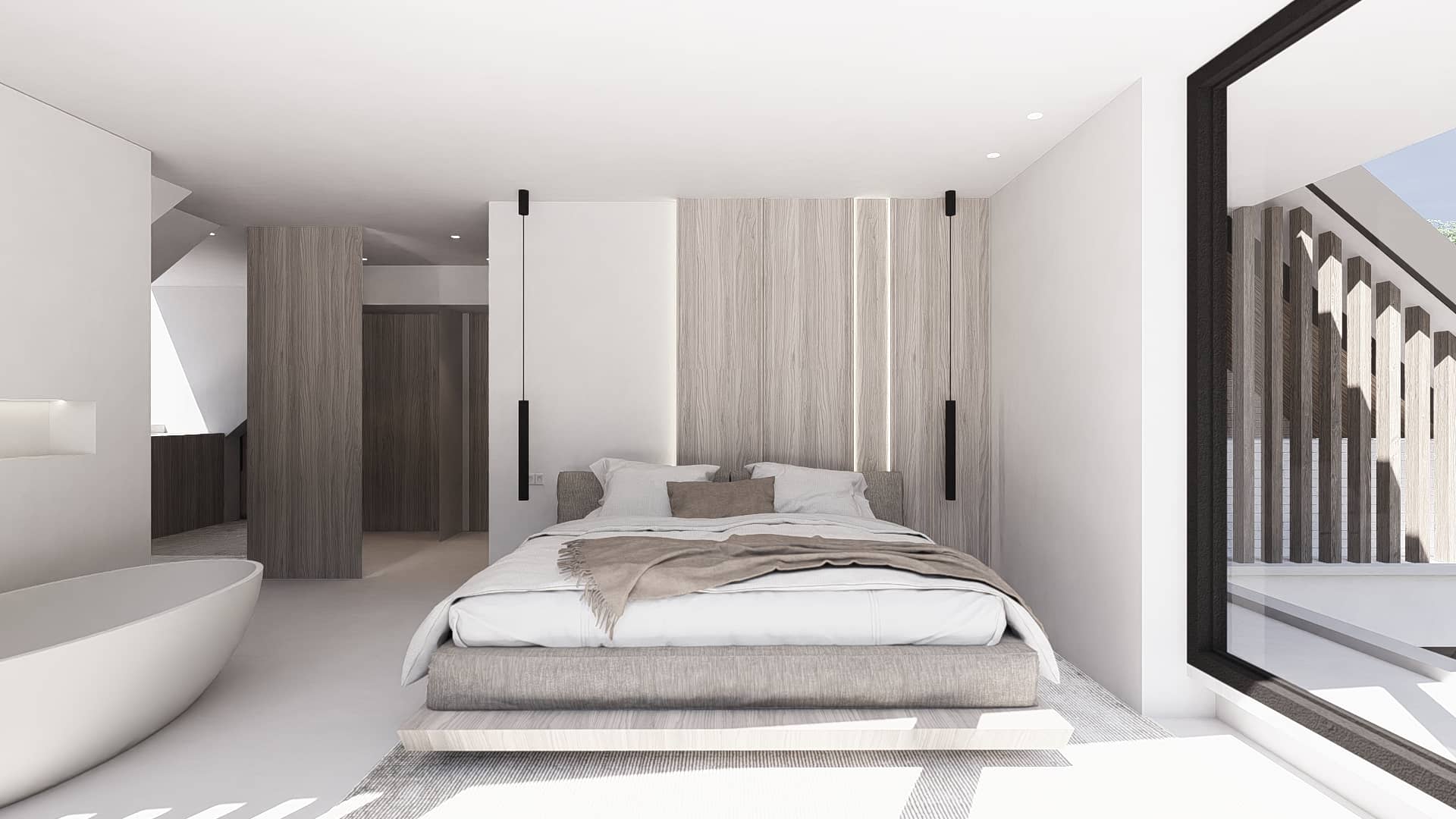 Master bedroom met bed dat het concept van de woning weerspiegelt, schuine hoeken, zachte materialen, spel met licht en uitzicht op de tuin.