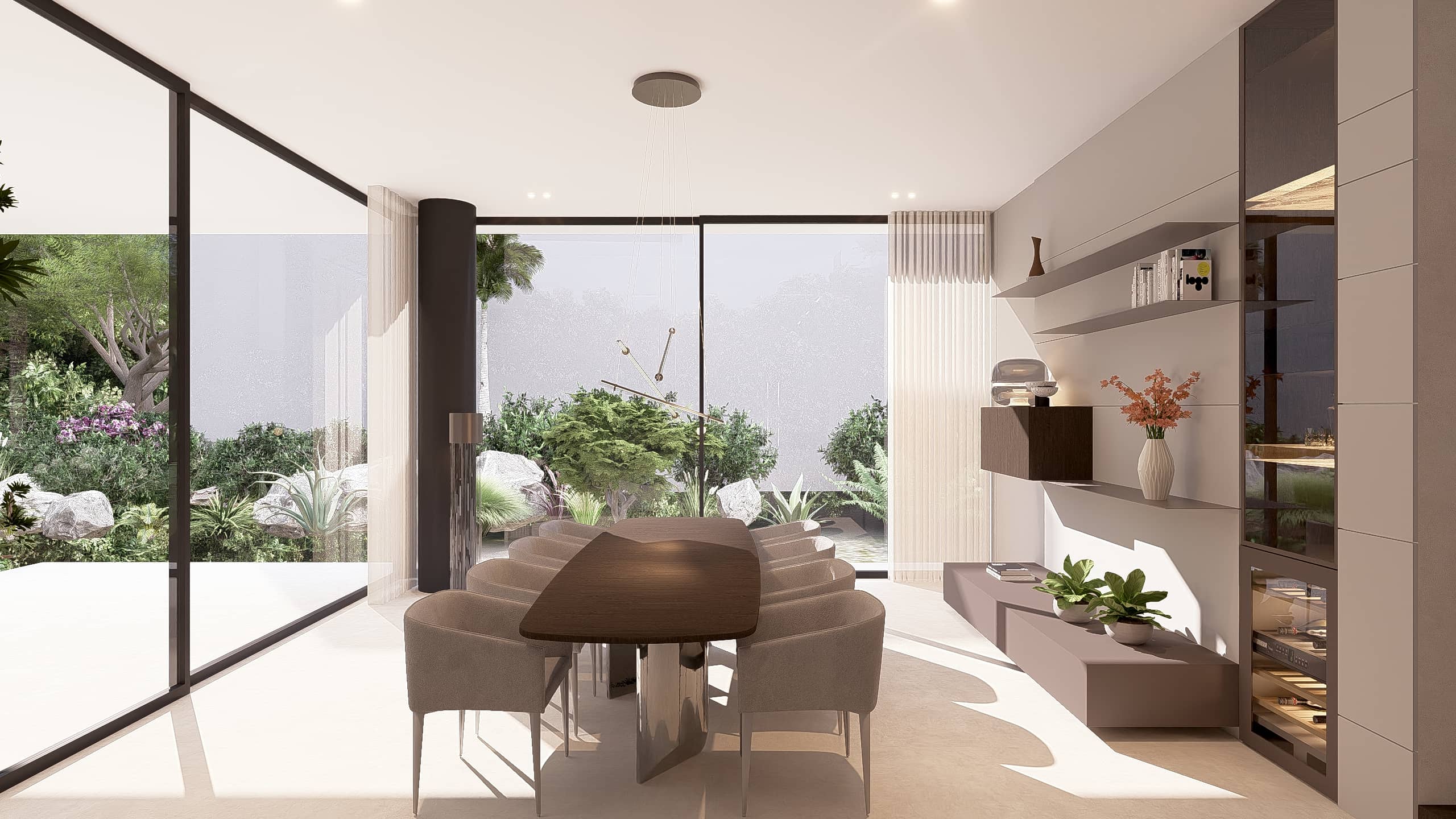 Luxe eetkamer met grote glaspartijen en uitzicht op groene buitenruimte