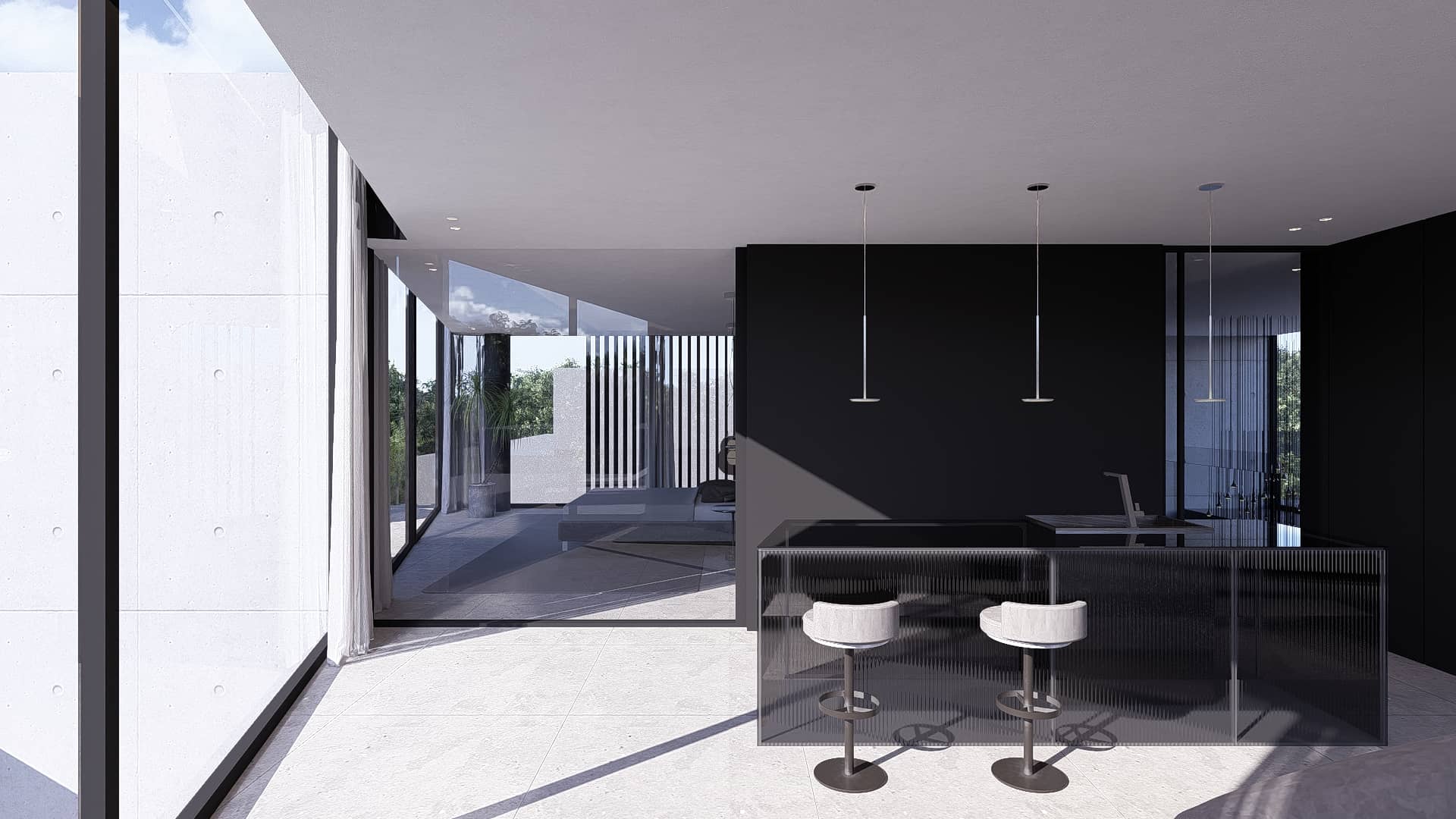 Luxe keukenbar met donker maatwerk eiland, hoge barkrukken en minimalistische hangverlichting.