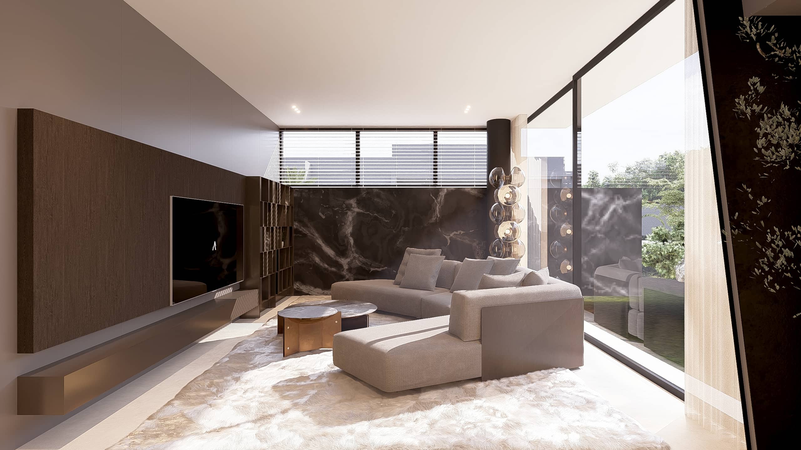 Luxe zithoek met maatwerk bank en donkere natuursteen achterwand