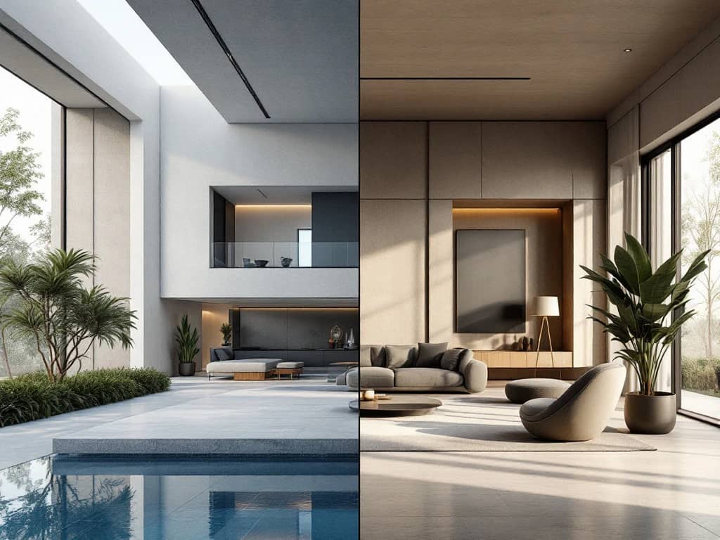 Elegante split-screen compositie van architectuur en interieurontwerp: technische blauwdrukken naast sfeervol luxe-interieur met designmeubels en natuurlijk licht.