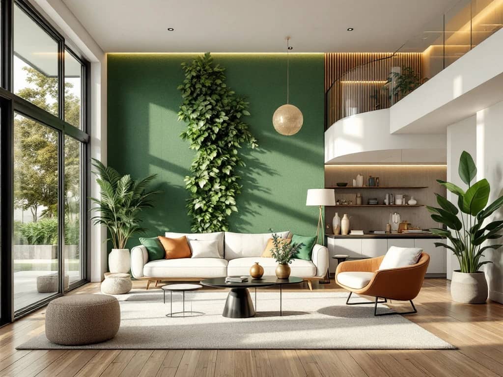 Luxueus, duurzaam woonkamerinterieur met bamboe vloeren, levende groene wand en gerecyclede meubels in aardse tinten, verlicht door natuurlijk licht en energiezuinige LED-verlichting.