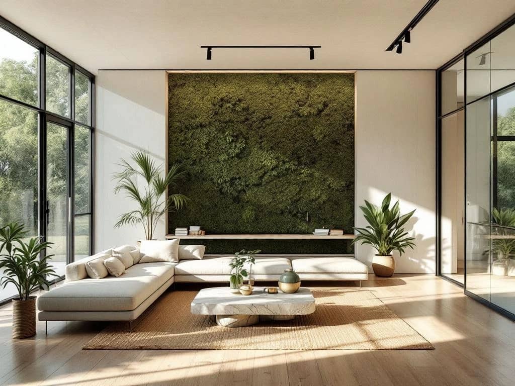 Moderne duurzame luxe woonkamer met hergebruikte materialen, mosaccent en natuurlijk licht dat door grote ramen valt op organische texturen.