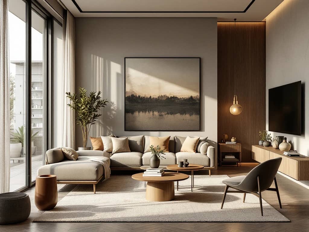 Split-screen visualisatie van een luxe woonkamer: links de styling met accessoires, rechts het ontwerp met technische tekeningen en materiaalstalen, STATE of Interior.