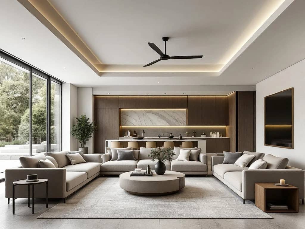 Elegante woonruimte met minimalistische en klassieke stijlen, natuurlijk licht, luxe meubels en materiaalstalen voor interieurontwerp.