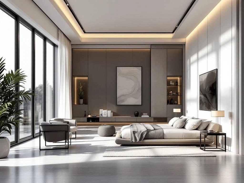 Moderne werkruimtes van interieurarchitect en binnenhuisarchitect naast elkaar, verbonden door 3D-model van luxe woonkamer met panoramavensters.