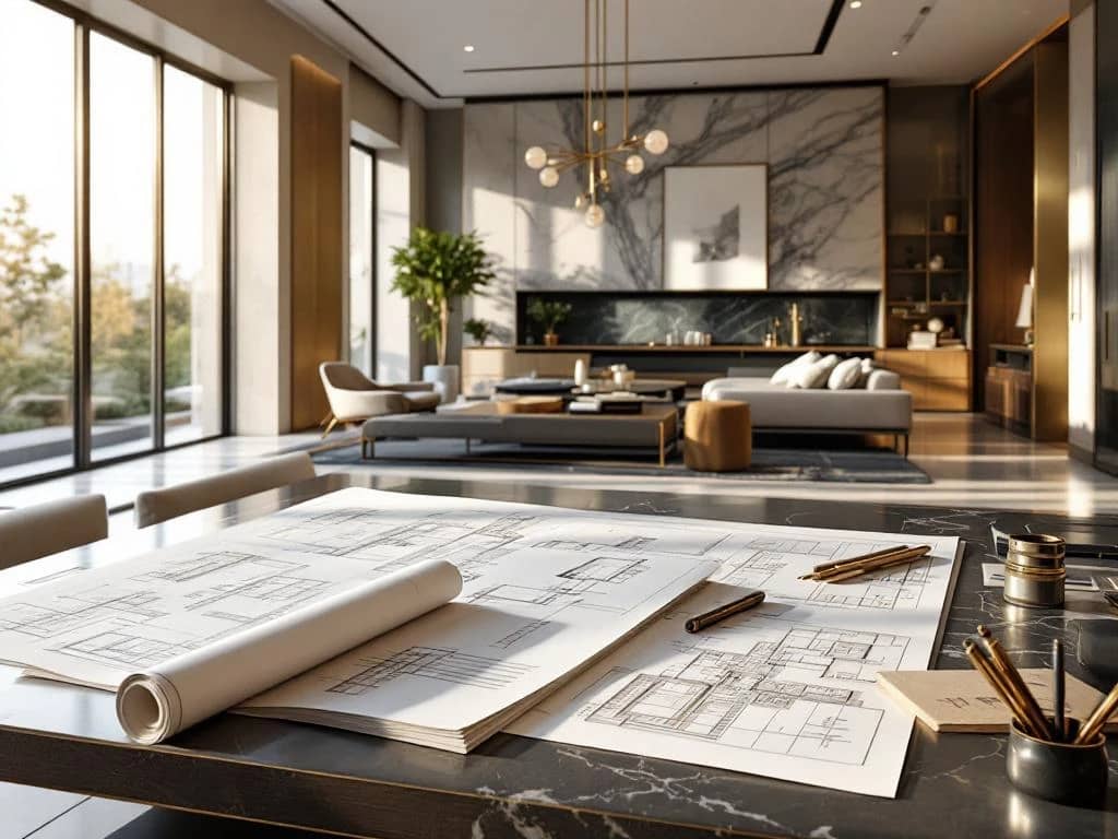 Luxueus interieurontwerp in uitvoering met blauwdrukken en materiaalstalen op designertafel, omgeven door woonruimte met hoge ramen en premium materialen.