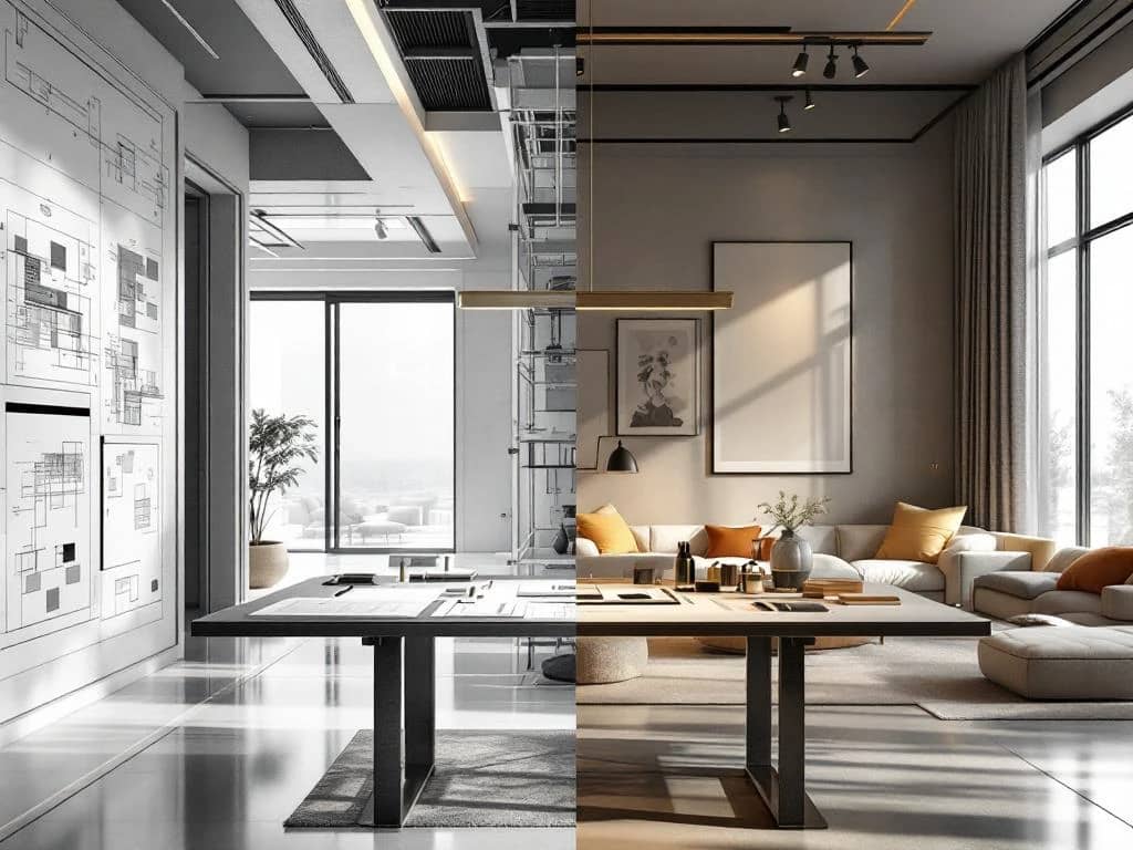 Contrasterende weergave van interieurarchitectuur met technische blauwdrukken en interieurontwerp met elegante meubels in luxe ruimte met centrale tekentafel.