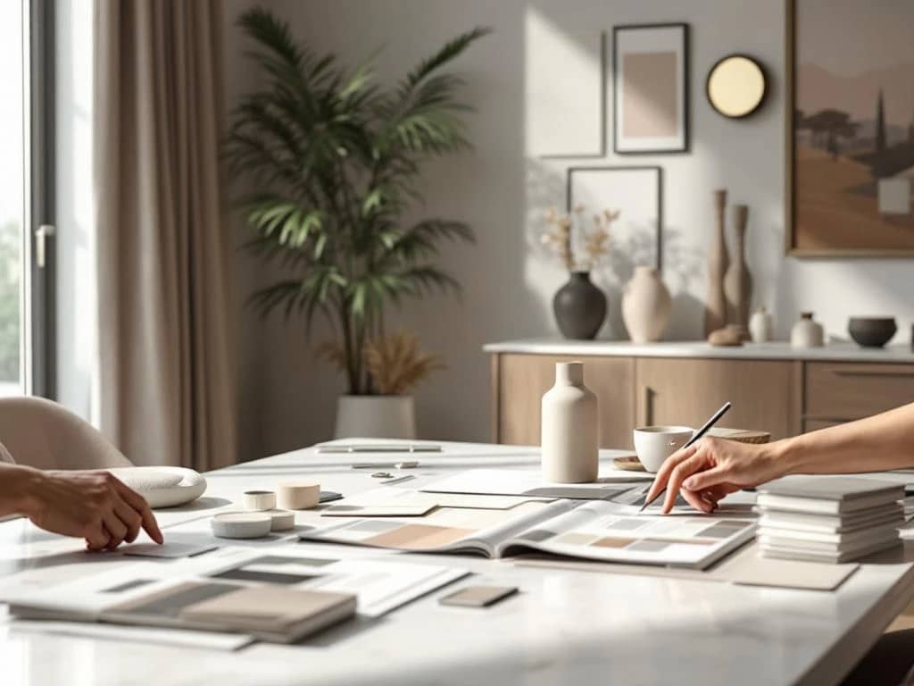 Consultatie in luxe interieuratelier met materiaalstalen en kleurenschema's op marmeren tafel, designmeubels op achtergrond, stijlvol STATE of Interior interieur.