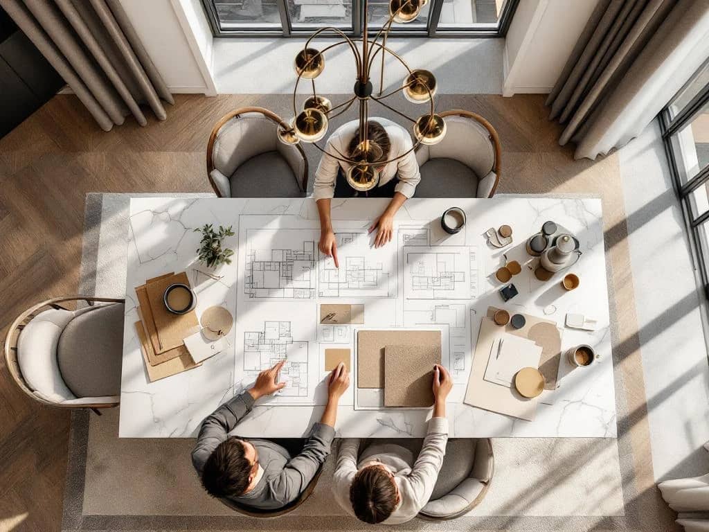 Vogelperspectief van luxe ontwerptafel met architectuurschetsen en materiaalstalen in een elegante ruimte met designmeubels, warme tinten en natuurlijk licht.