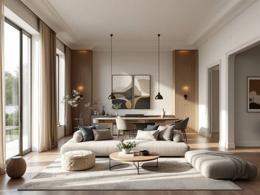 Luxe woonkamerinterieur met designmeubels, hoge plafonds en grote ramen. Interieurontwerptekeningen en materiaalstalen liggen op tafel, omringd door kunstobjecten en stijlvolle verlichting.