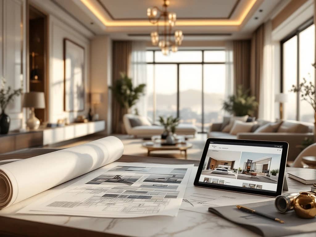 Architectenbureau met blauwdrukken en materiaalstalen in een luxe woonruimte met designmeubels, panoramisch uitzicht en elegante verlichting in warm natuurlijk licht.