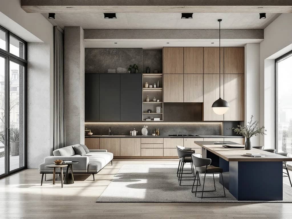 Luxueus loftinterieur met half-gerenoveerde ruimte: links elegant afgewerkt design, rechts pre-renovatiestaat met bouwmaterialen, symboliseert professionele transformatie.