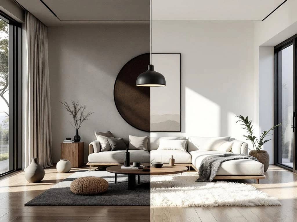 Luxe woonruimte met contrasterende Japandi en Scandinavische interieurs; donker hout en aardetinten links, licht hout en wit rechts, verbonden door designverlichting.