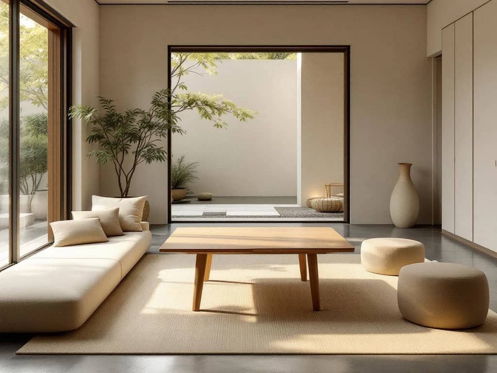Minimalistische Japanse woonkamer met houten salontafel, linnen bank en bamboe stoel in natuurlijk licht, uitkijkend op een serene tuin.