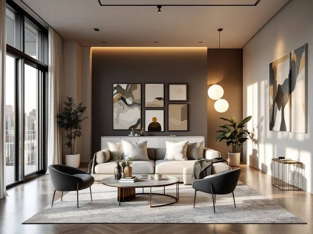 Luxe loft-woonkamer met designbank, marmeren salontafel en materiaalstalen voor interieurontwerp, baadt in warm natuurlijk licht.