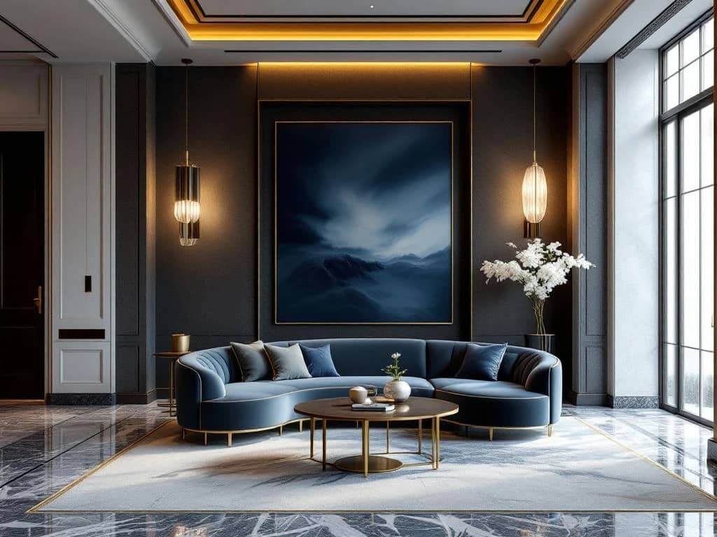 Luxueuze hotellobby met donkerblauwe fluwelen bank, kristallen hanglampen, marmeren vloer en open haard met messing details in rijke juweel-tinten.