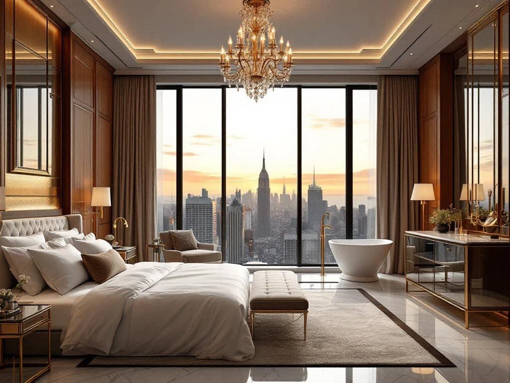 Luxe hotelkamer met kingsize bed, kristallen kroonluchter en vrijstaand bad bij ramen met stadsuitzicht. Marmer, velours en messing accenten.