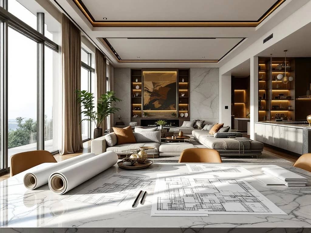 Luxe interieurontwerp met architectuurschetsen op marmeren tafel, natuurlijk licht door hoge ramen en designmeubilair in neutrale tinten met gouden accenten.
