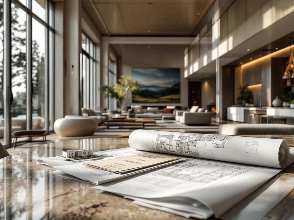 Luxe open woonruimte met grote ramen, designmeubilair en architectonische elementen. Op tafel liggen blauwdrukken, materiaalstalen en een maquette.