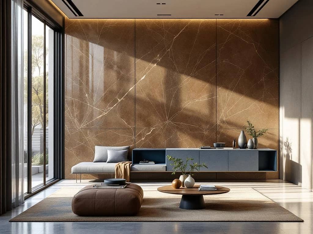 Ultramodern luxe interieur met geregenereerd marmer, organisch blauw meubelstuk en slimme designtafel. Minimalistisch met warme accenten.