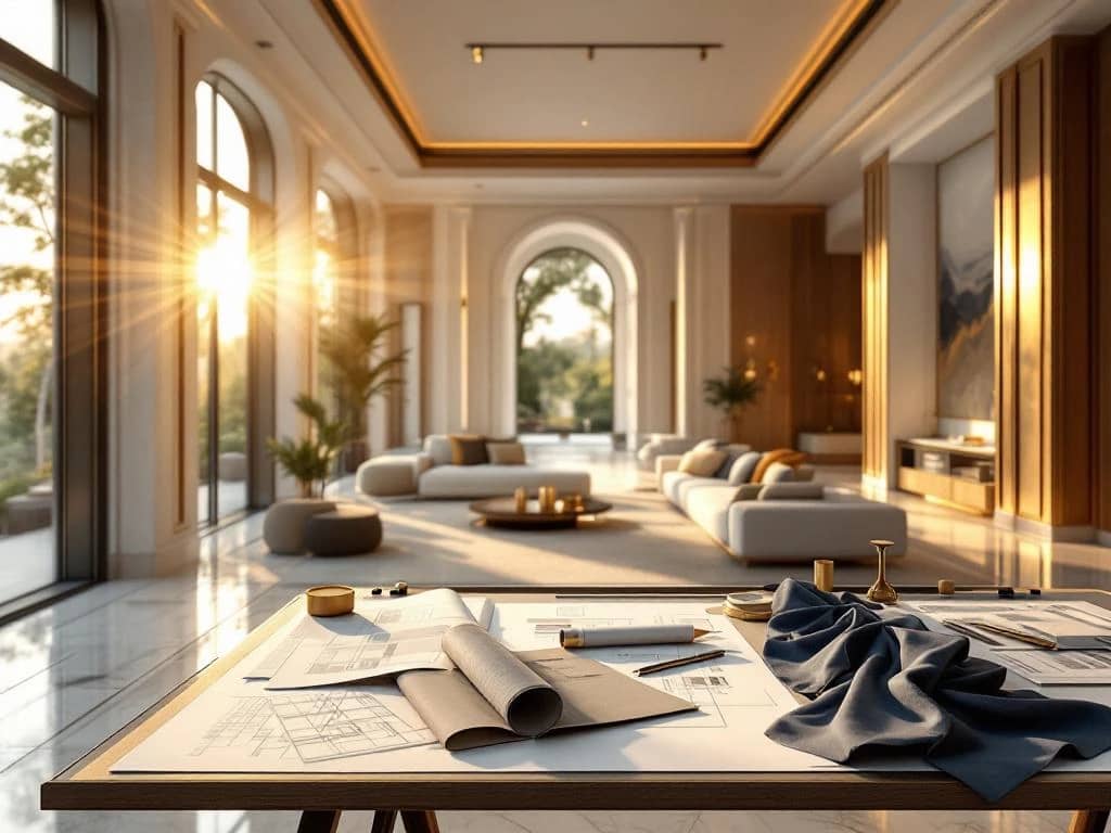 Luxe interieurontwerp tijdens gouden uur met zonlicht door raamwanden, marmeren vloer, en tekentafel met materiaalstalen en architectuurschetsen in champagne en navy tinten.