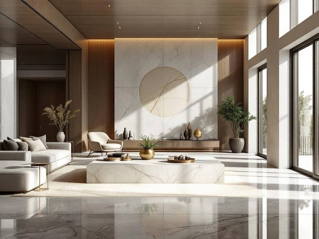 Luxueus interieur met marmeren eiland, vloer-tot-plafond ramen en natuurlijk licht. Ontwerptekening en materiaalstalen op de voorgrond.