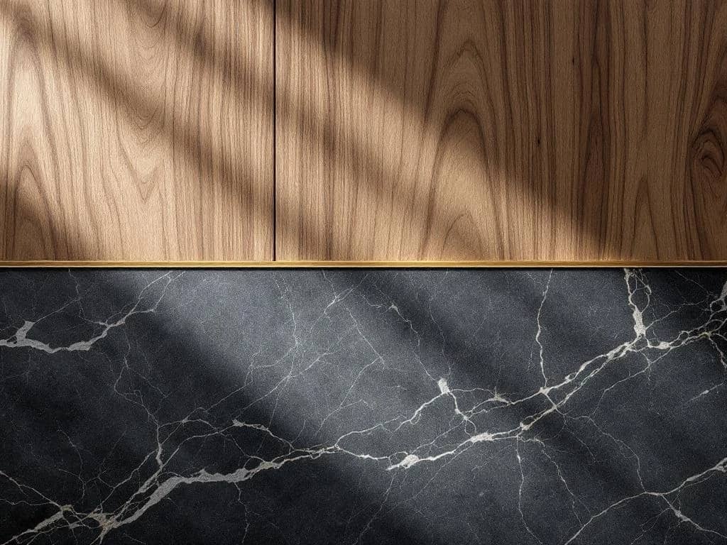 Luxueus interieur met marmeren werkblad en walnoothout, omringd door hoogwaardige materiaalstalen van messing, textiel en natuursteen in warme neutrale tinten.