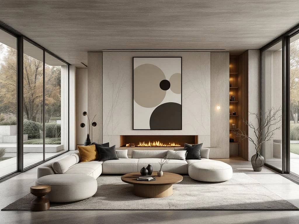 Luxueus open wooninterieur met natuurlijk licht, designer-zithoek met organische vormen, hoogwaardige materialen en ingetogen kleurenpalet.