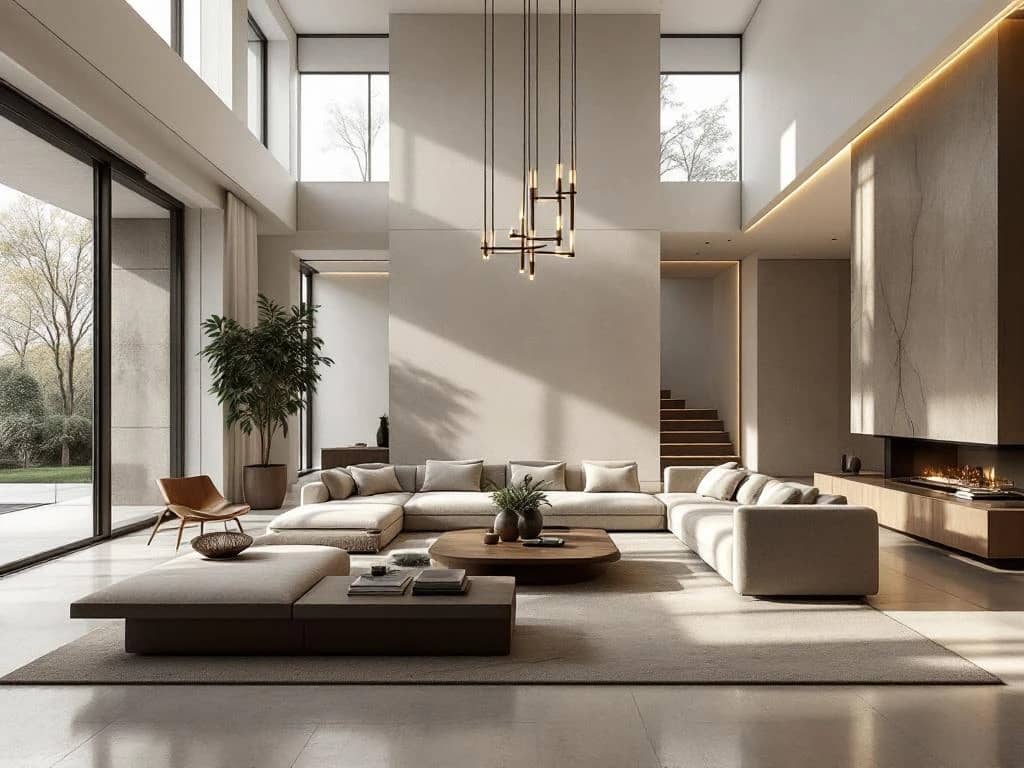 Luxe moderne woonruimte met natuurlijk licht, minimalistische meubels en natuurlijke materialen die naadloos overgaan in een buitenterras.