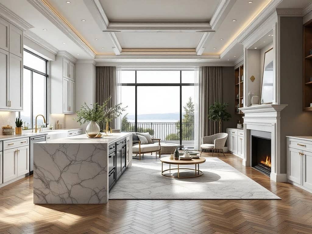 Luxe open woonruimte met designerkeuken, herringbone vloeren en maatwerk kasten. Marmeren werkbladen, open haard en grote ramen benadrukken premium materialen.