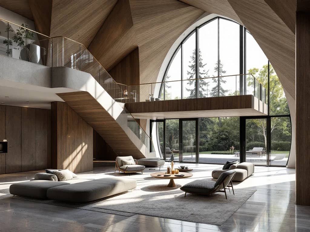 Luxe open woonruimte met op maat gemaakte inbouwkasten, gebogen trap met glazen balustrade en designmeubels, verlicht door grote ramen die hoogwaardige materialen accentueren.