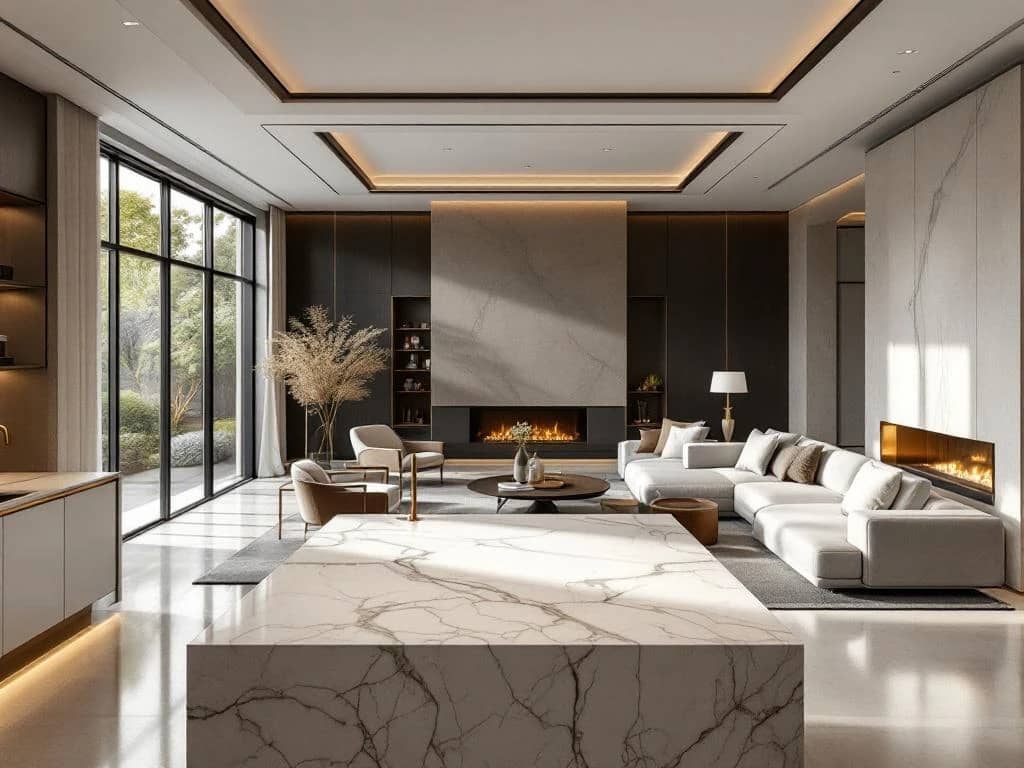 Luxueuze open woonruimte met marmeren keukeneiland, comfortabele zithoek, vloer-tot-plafond ramen en minimalistische haard in warme neutrale tinten.