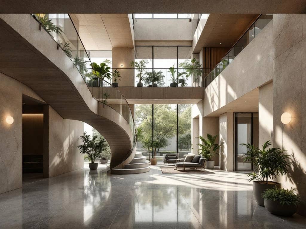 Luxueus interieur met organische vormen, duurzame materialen en zwevende trap naar groene mezzanine; 2025-trends in warme aardetinten met goudaccenten.