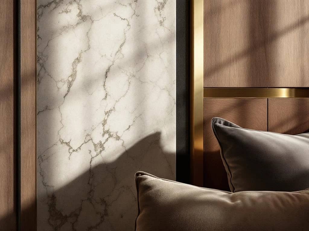 Luxe woonhoek met marmer, walnoothout en messing accenten, verrijkt met fluwelen bekleding en keramiek onder dramatische verlichting in minimalistisch design.