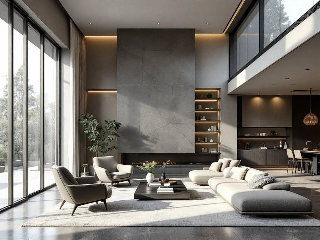 Luxe interieur met contrasterende zijden: links technische architectuurelementen, rechts esthetisch design, samenvloeiend in een lichtrijke woonruimte.