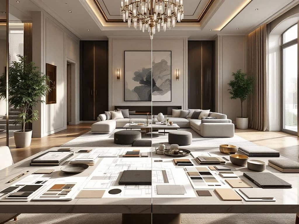 Luxe woonkamer in transformatie: helft met voltooid hoogwaardig interieurontwerp, helft met architectuurtekeningen en materiaalstalen op marmeren tafel onder ochtendlicht.