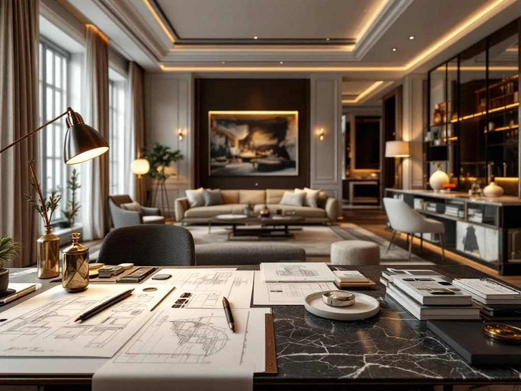 Luxe interieurontwerp werkruimte toont transformatie van concept naar realiteit met tekentafel, materiaalstalen en deels afgewerkte ruimte met warme verlichting.